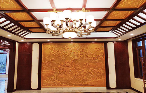 保康中式别墅客厅中式木作横梁吊顶装饰展示